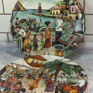 🧜🏽‍♀️ Set of two Market Scene 11” plates. Artist is Brunelli. Italy. New.